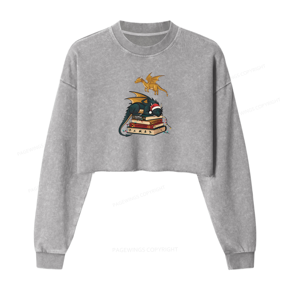 Pagewings Fourth Wing Dragons Christmas Women Washed Crop Sweatshirt