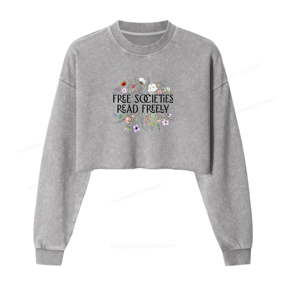 Pagewings Free Societies Read Freely Women Washed Crop Sweatshirt