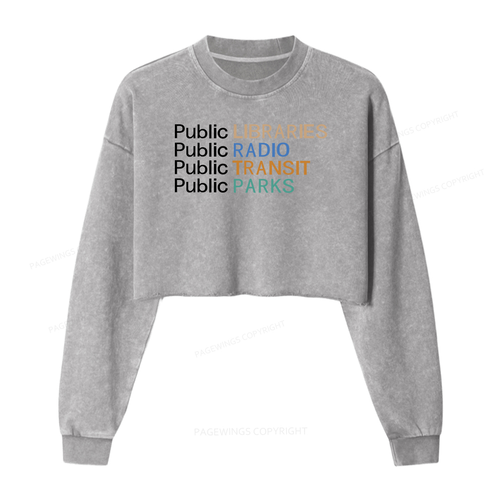Pagewings Public Libraries Radio Transit Parks Women Washed Crop Sweatshirt