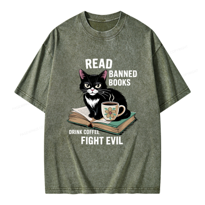 Pagewings Read Banned Books Drink Coffee Fight Evil Unisex Washed T-shirt