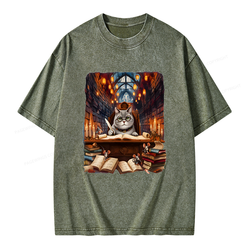 Pagewings Cat Books Unisex Washed T-shirt