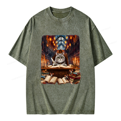 Pagewings Cat Books Unisex Washed T-shirt