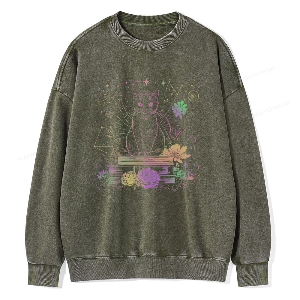 Pagewings Black Cat Book Lover Unisex Washed Sweatshirt
