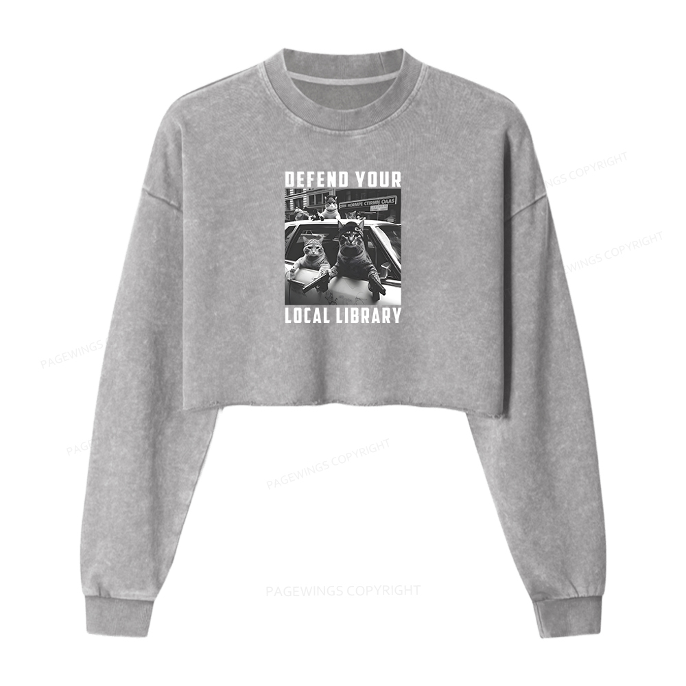 Pagewings Defend Your Local Library Women Washed Crop Sweatshirt