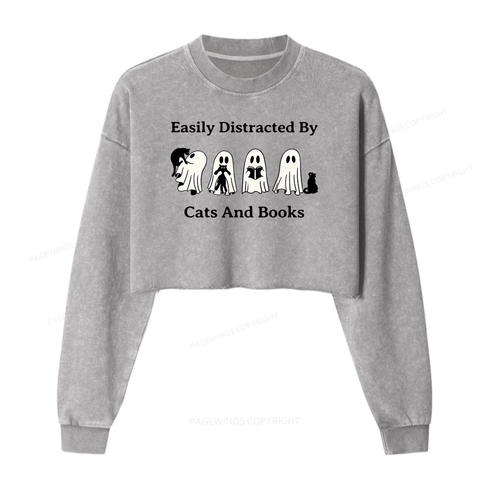 Pagewings Easily Distracted By Cats And Books Women Washed Crop Sweatshirt