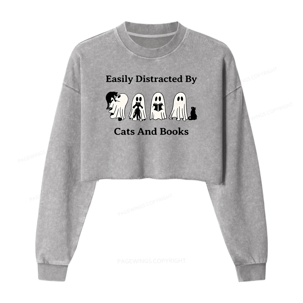 Pagewings Easily Distracted By Cats And Books Women Washed Crop Sweatshirt