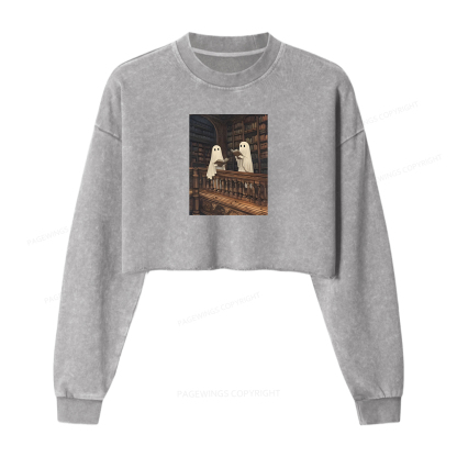 Pagewings Halloween Ghost Reading Women Washed Crop Sweatshirt