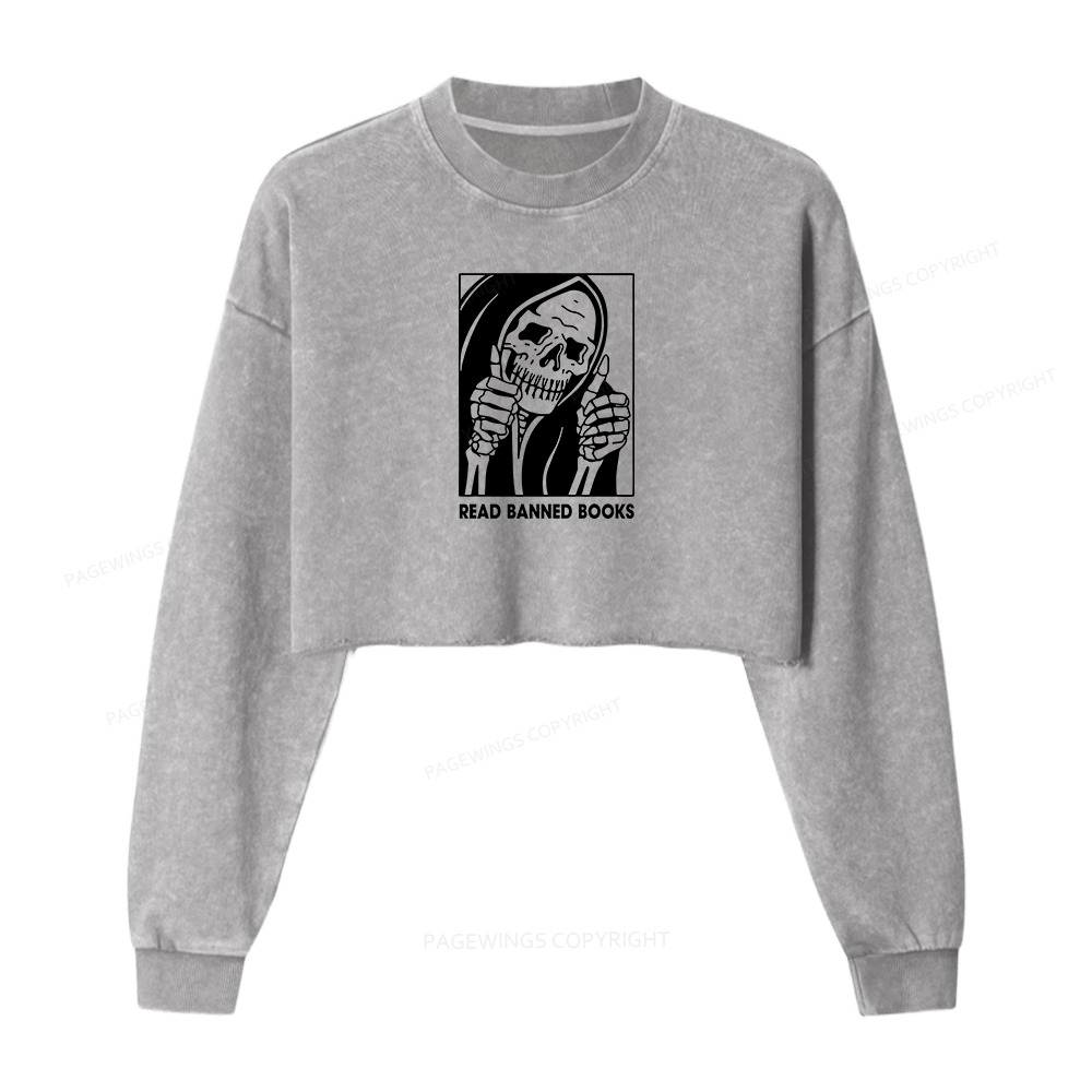 Pagewings Read Banned Books Women Washed Crop Sweatshirt