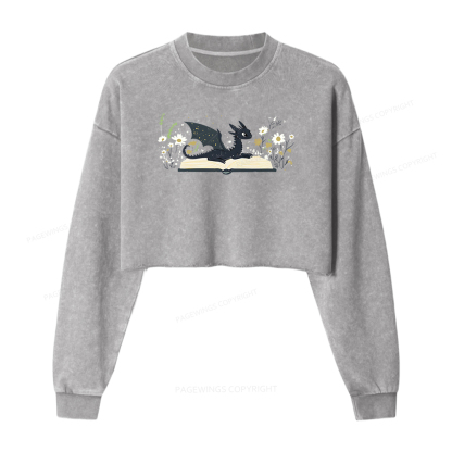 Pagewings Dragon Book Women Washed Crop Sweatshirt