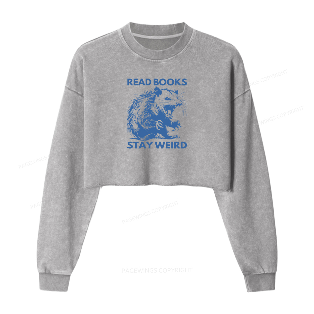 Pagewings Read Books Stay Weird Women Washed Crop Sweatshirt