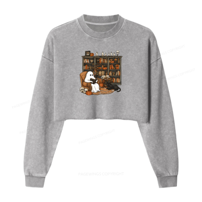 Pagewings Halloween Ghost Reading Books Women Washed Crop Sweatshirt