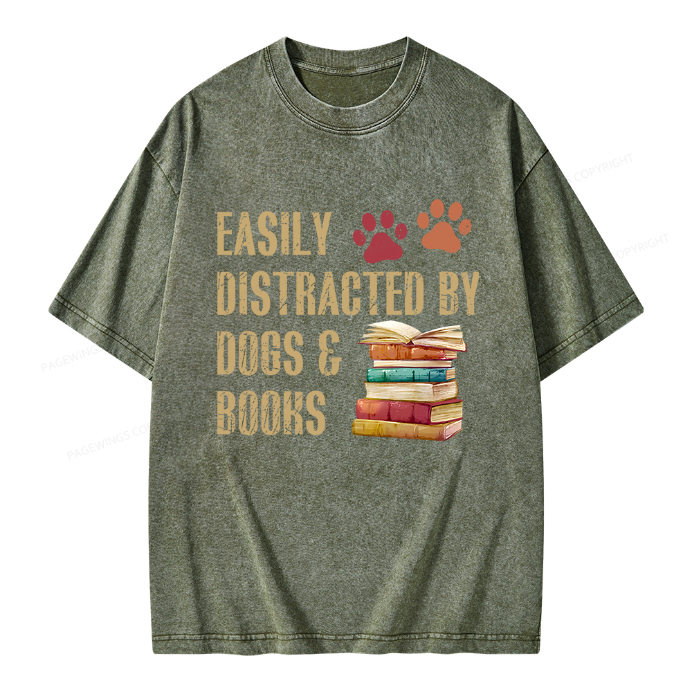 Pagewing Easily Distracted By Dogs And Books Unisex Washed T-shirt