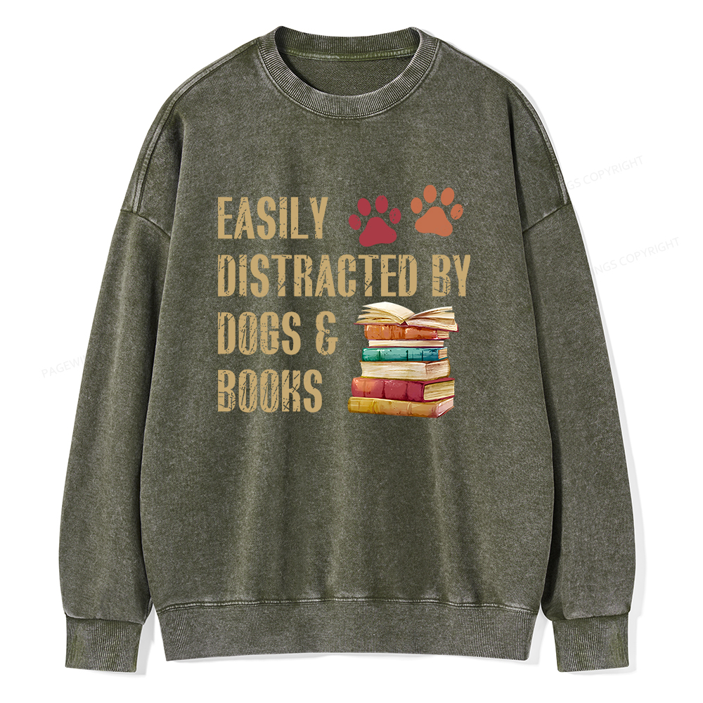 Pagewing Easily Distracted By Dogs And Books Unisex Washed Sweatshirt