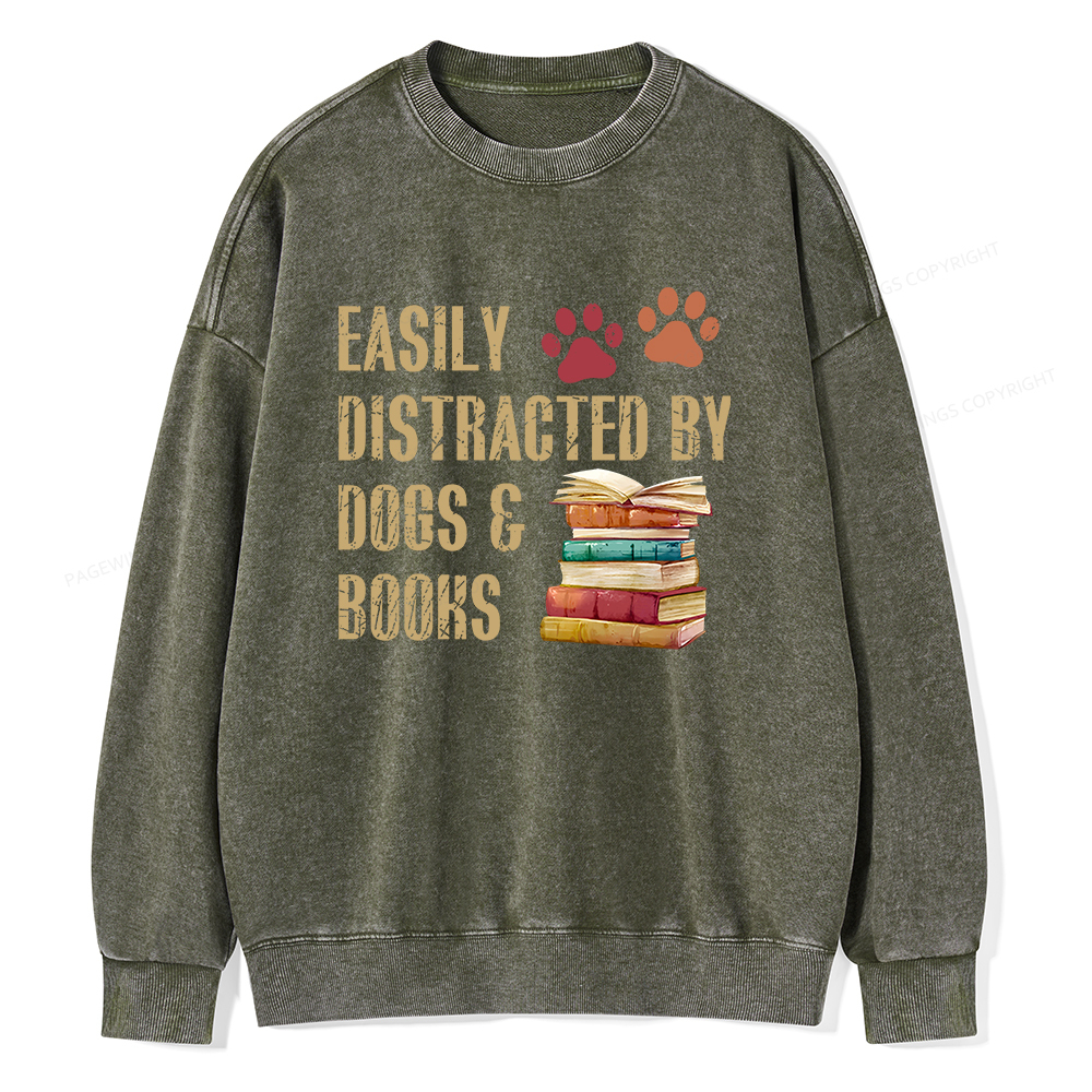 Pagewing Easily Distracted By Dogs And Books Unisex Washed Sweatshirt