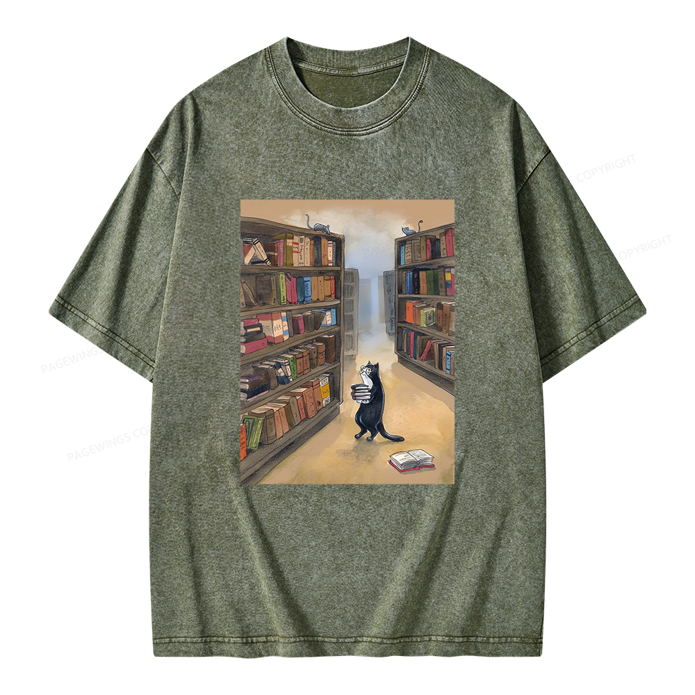 Pagewings Cat Lost In The Library Unisex Washed T-shirt