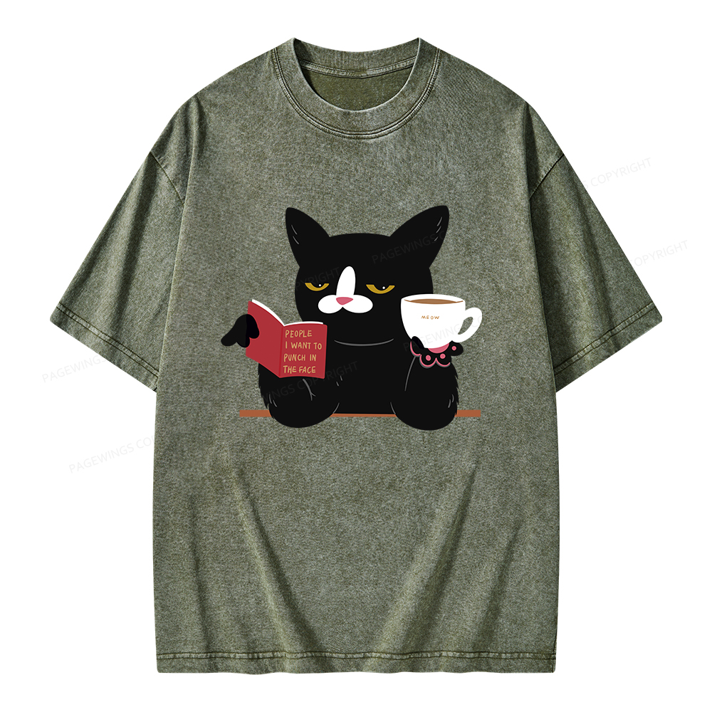 Pagewings A Cat Reading A Book While Drinking Coffee Unisex Washed T-shirt