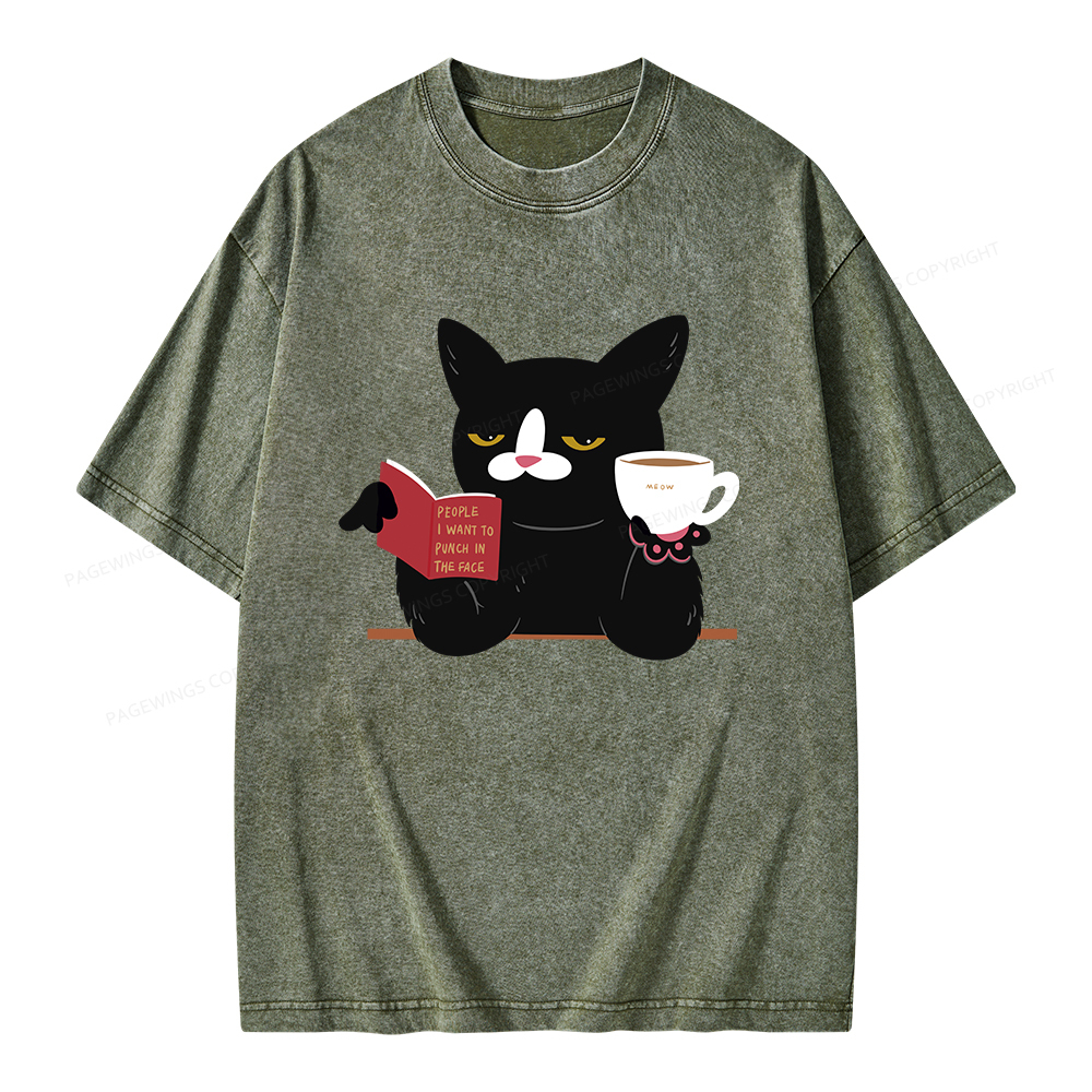 Pagewings A Cat Reading A Book While Drinking Coffee Unisex Washed T-shirt