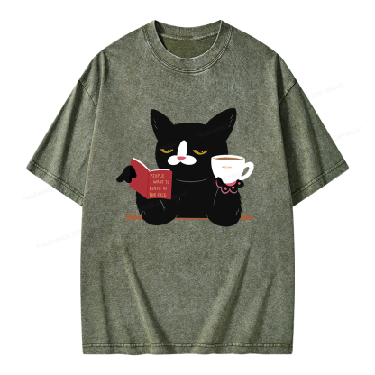 Pagewings A Cat Reading A Book While Drinking Coffee Unisex Washed T-shirt