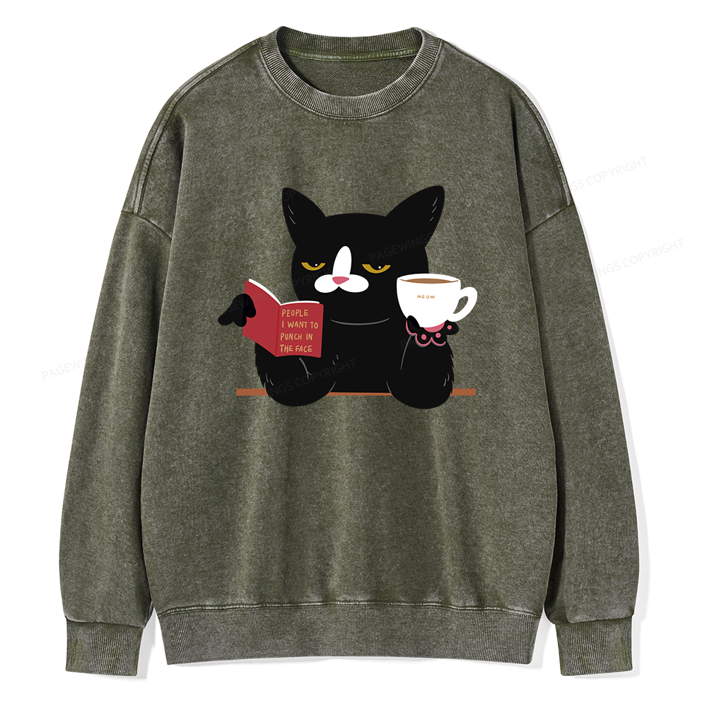 Pagewings A Cat Reading A Book While Drinking Coffee  Unisex Washed Sweatshirt