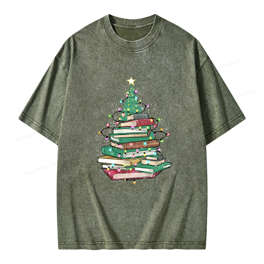 Pagewings Christmas Book Tree Unisex Washed T-shirt