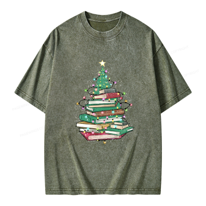 Pagewings Christmas Book Tree Unisex Washed T-shirt