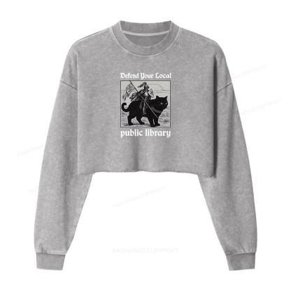 Pagewings Defend Your Local public library Women Washed Crop Sweatshirt