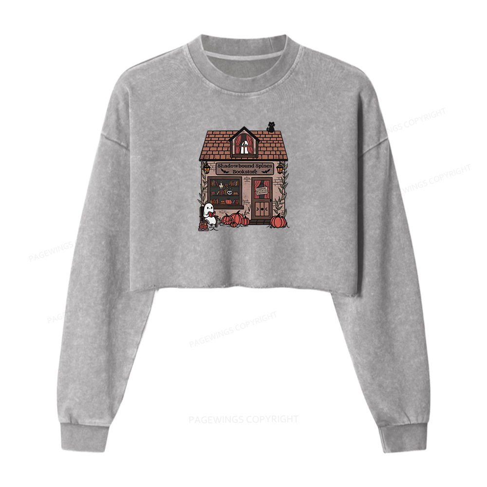Pagewings Shadowbound Spines Bookstore Women Washed Crop Sweatshirt