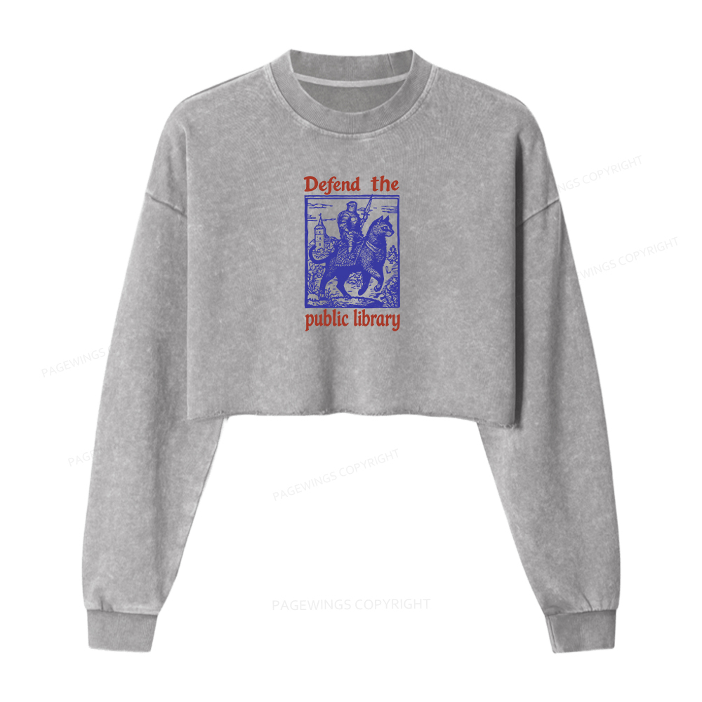 Pagewings Defend the Public Library Women Washed Crop Sweatshirt