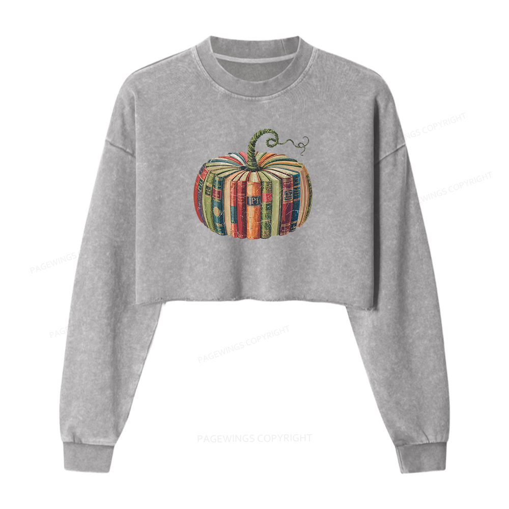 Pagewings Fall Book Pumpkin Women Washed Crop Sweatshirt