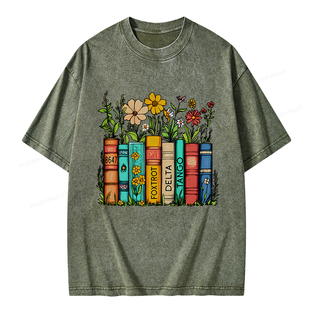 Pagewings Flowers and Books Unisex Washed T-shirt