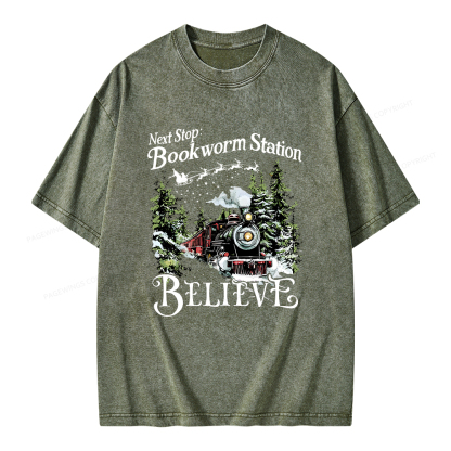 Pagewings Next Stop Bookworm Station Believe Unisex Washed T-shirt