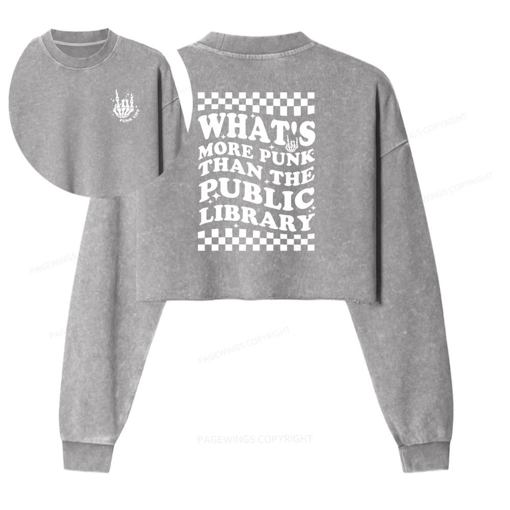Pagewings Punk The Public Library Women Washed Crop Sweatshirt