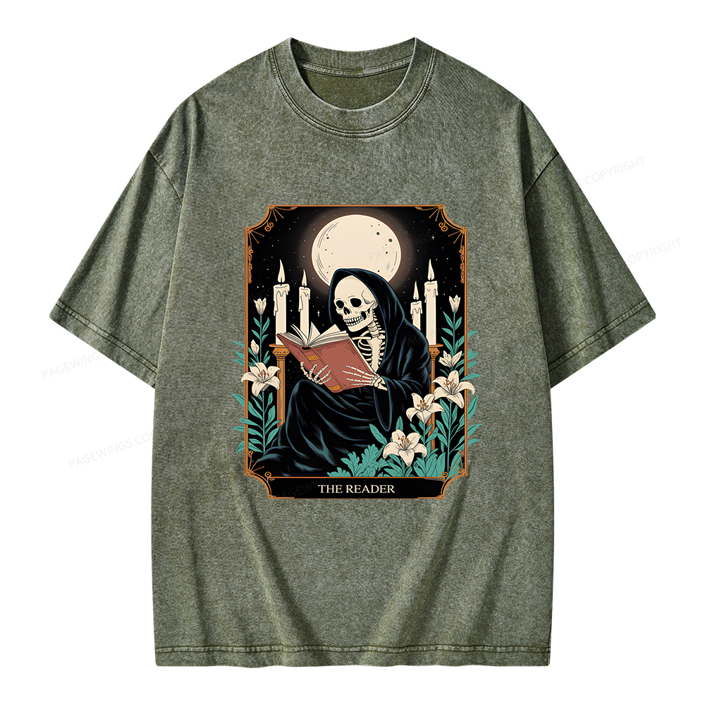 Pagewings The Reader Skeleton Tarot Card Unisex Washed T-shirt