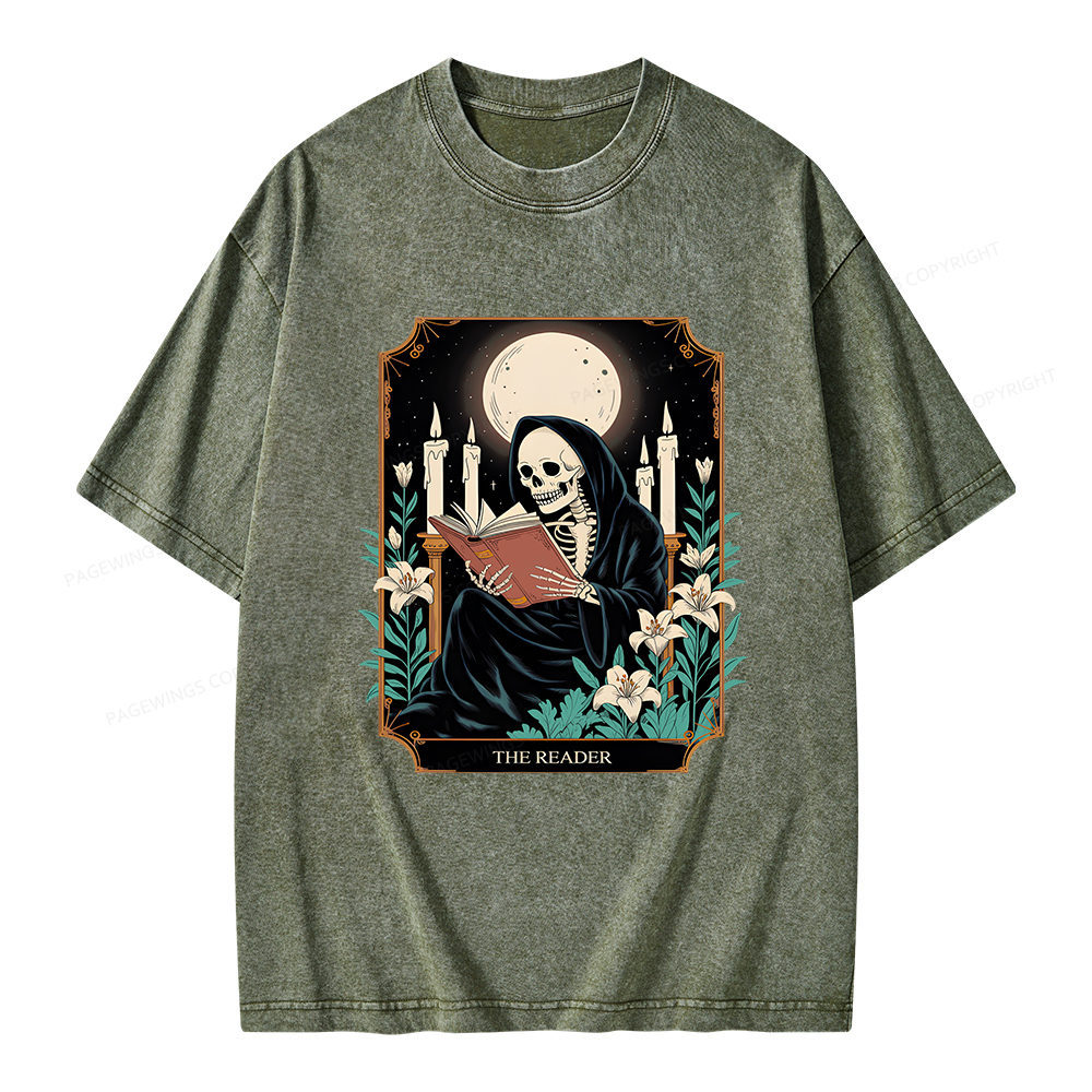 Pagewings The Reader Skeleton Tarot Card Unisex Washed T-shirt