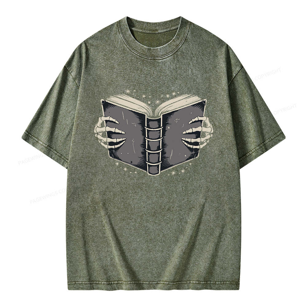 Pagewings Book Skeleton Hands Unisex Washed T-shirt