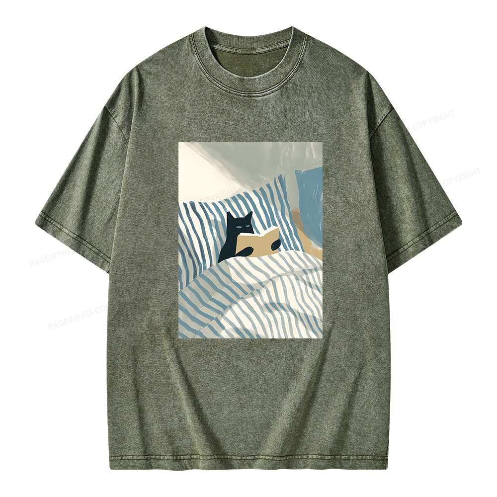 Pagewings Cat Reading Unisex Washed T-shirt