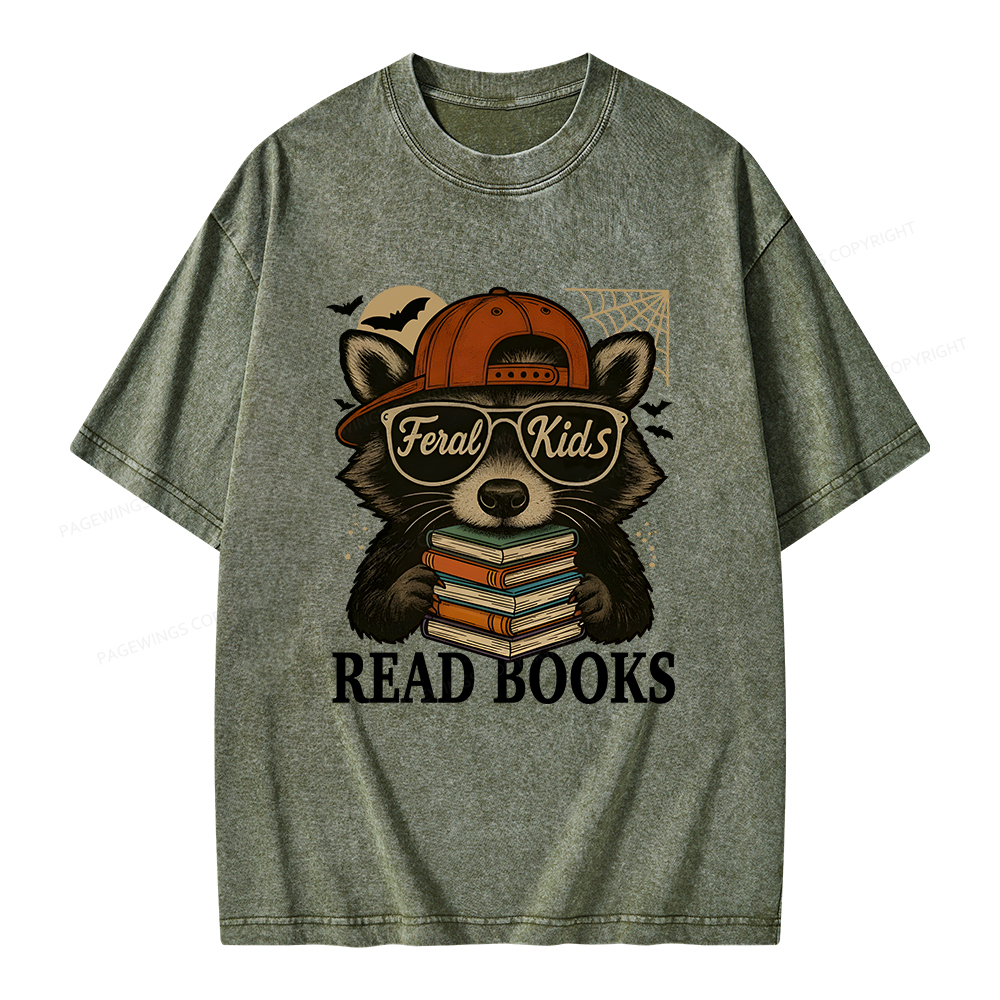 Pagewings Feral Kid Read Books Unisex Washed T-shirt