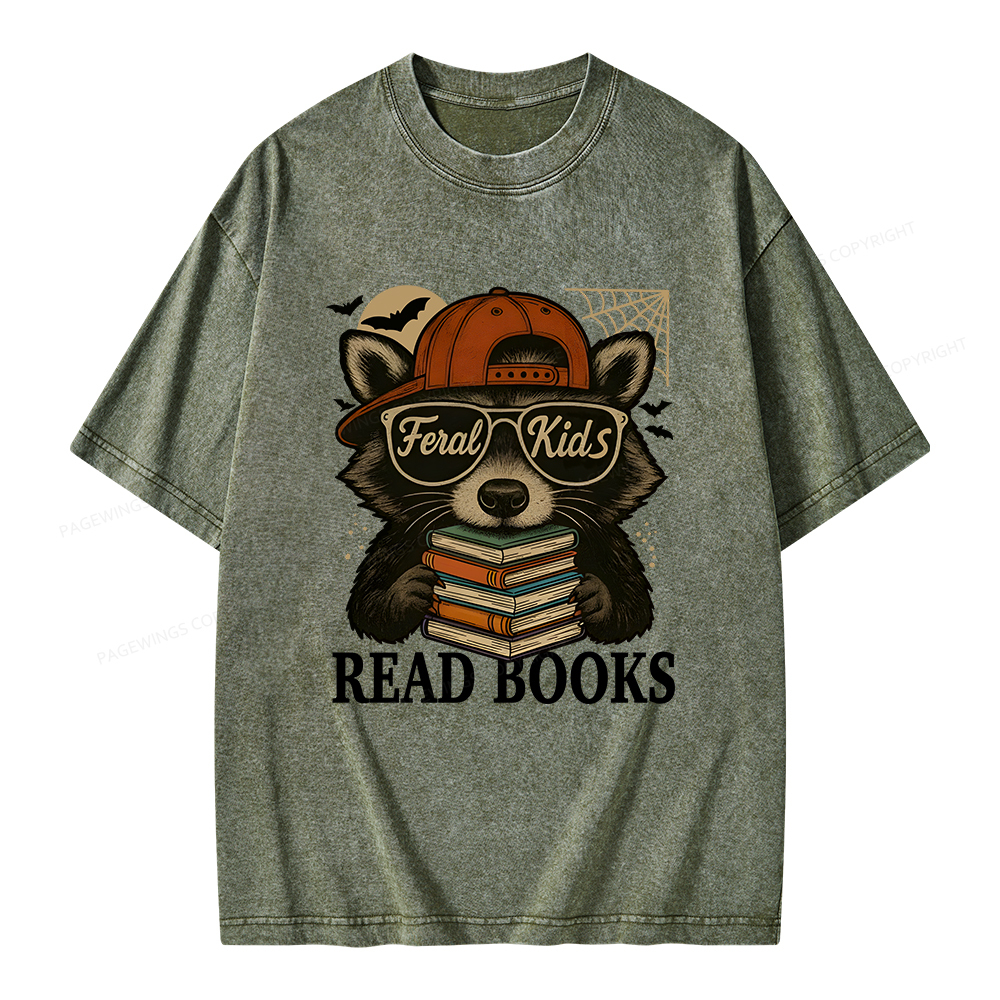 Pagewings Feral Kid Read Books Unisex Washed T-shirt