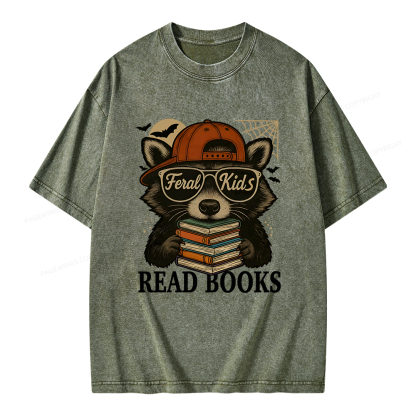 Pagewings Feral Kid Read Books Unisex Washed T-shirt