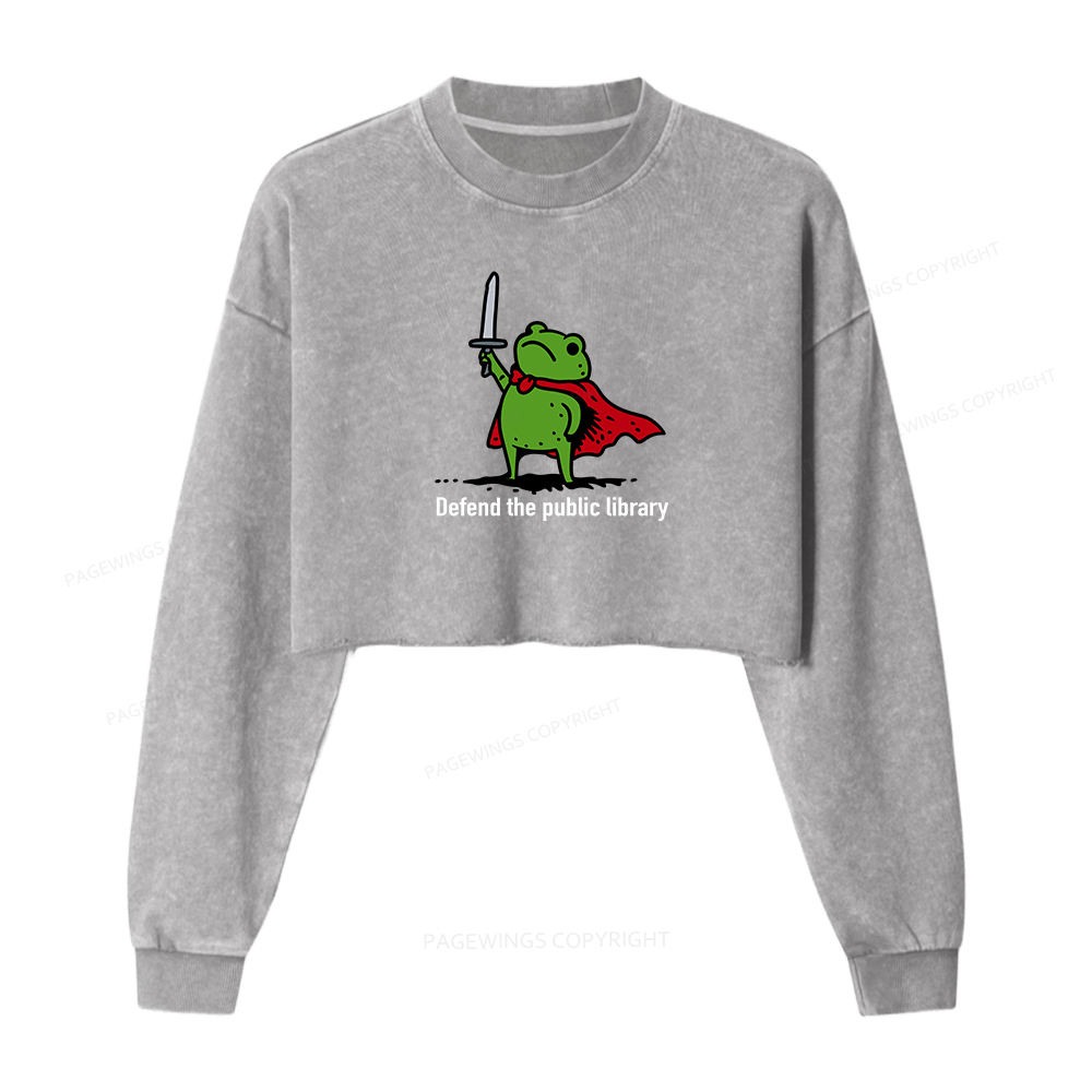 Pagewings Defend The Public Library Women Washed Crop Sweatshirt