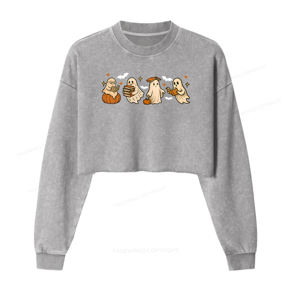 Pagewings Cute Ghost Reading Book Halloween Women Washed Crop Sweatshirt
