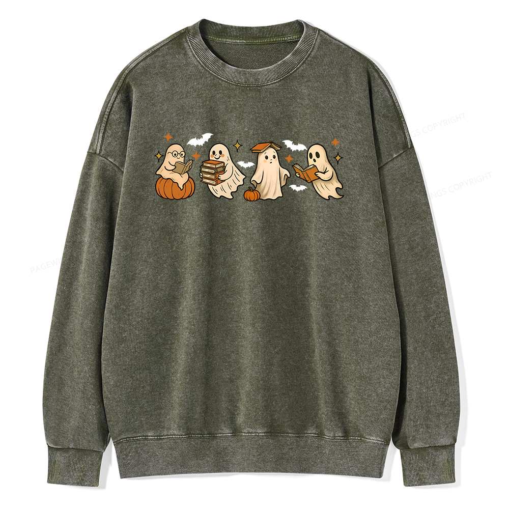 Pagewings Cute Ghost Reading Book Halloween Unisex Washed Sweatshirt