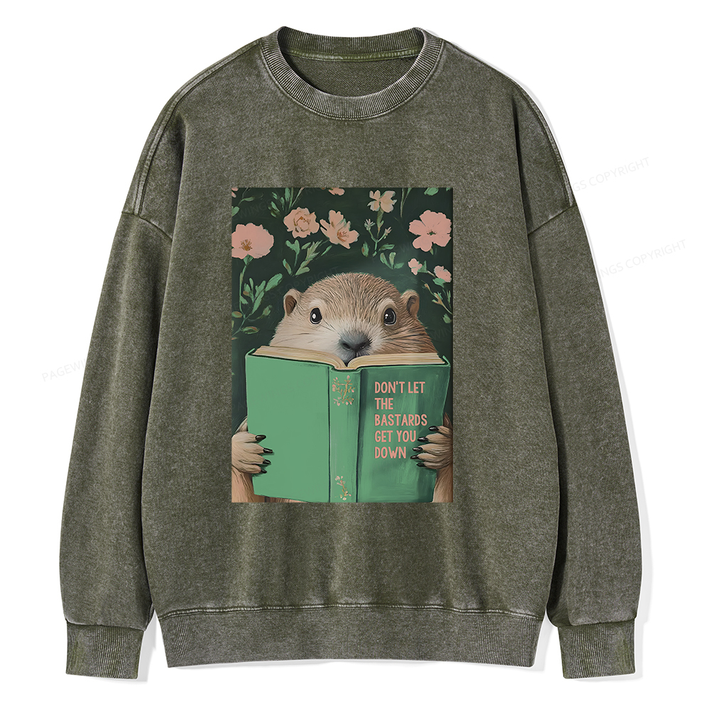 Pagewings Groundhog Reading Motivational Book Unisex Washed Sweatshirt