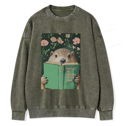 Pagewings Groundhog Reading Motivational Book Unisex Washed Sweatshirt