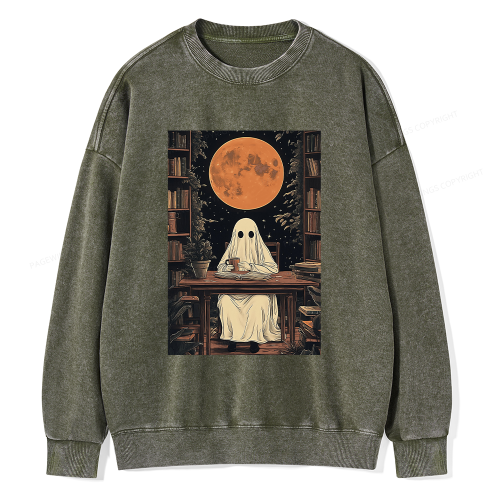 Pagewings Halloween Ghost Books Coffee Unisex Washed Sweatshirt