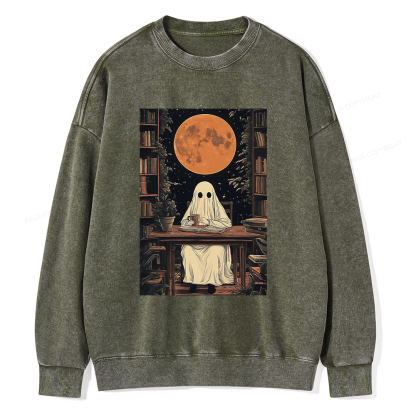 Pagewings Halloween Ghost Books Coffee Unisex Washed Sweatshirt