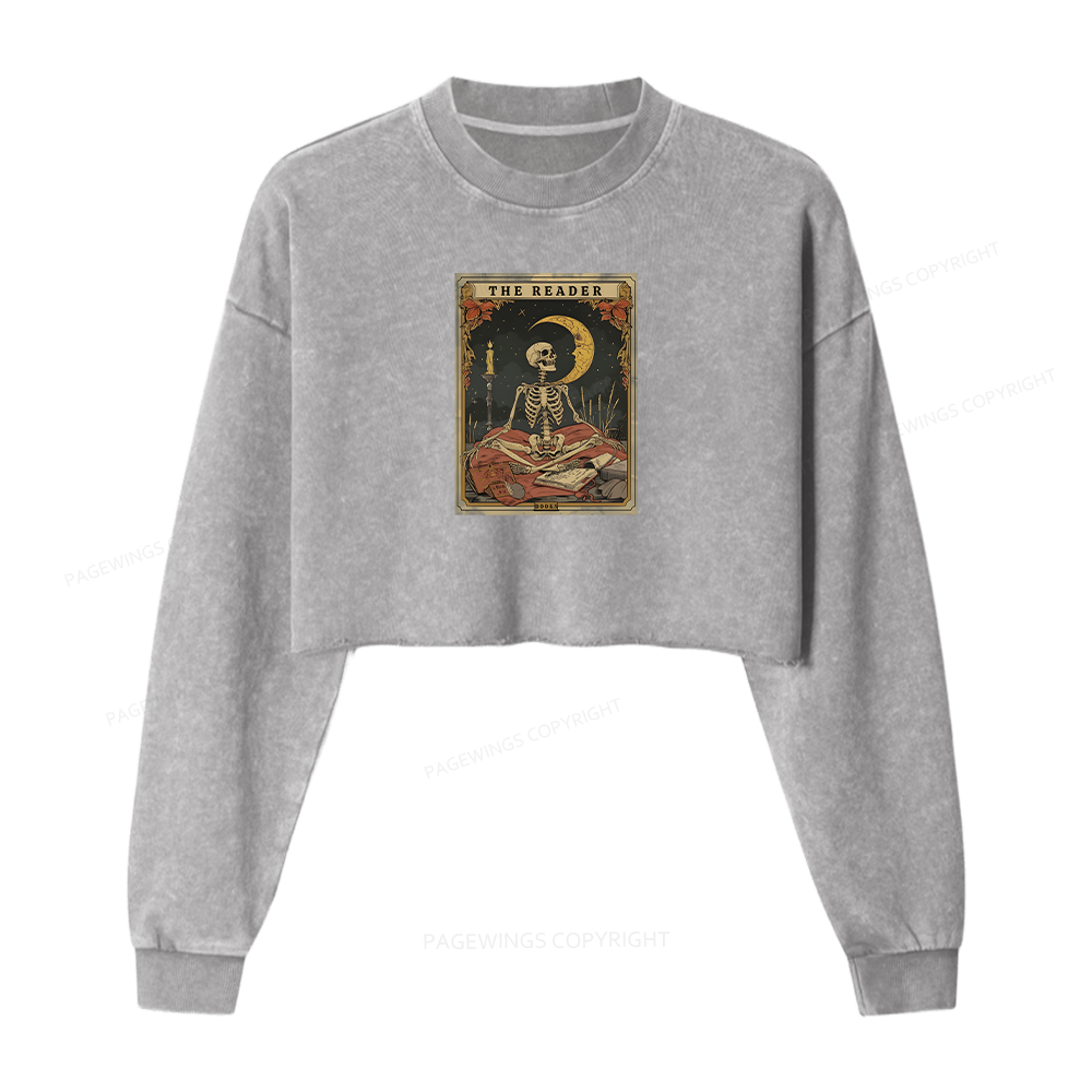 Pagewings The Reader Tarot Card Women Washed Crop Sweatshirt