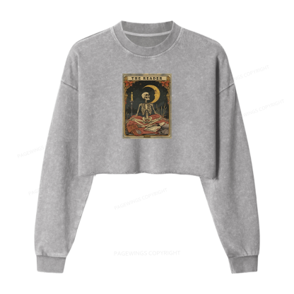 Pagewings The Reader Tarot Card Women Washed Crop Sweatshirt