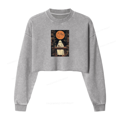 Pagewings Halloween Ghost Books Coffee Women Washed Crop Sweatshirt