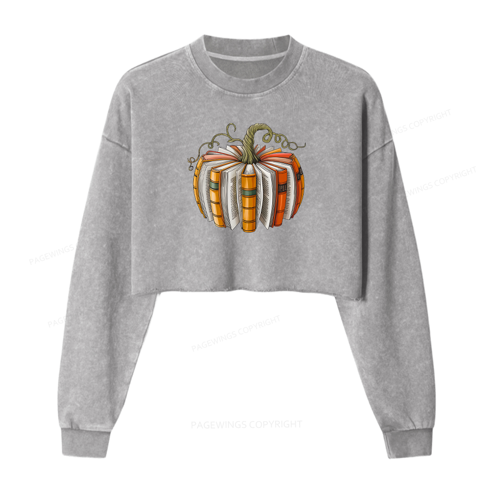 Pagewings Fall Book Pumpkin Women Washed Crop Sweatshirt